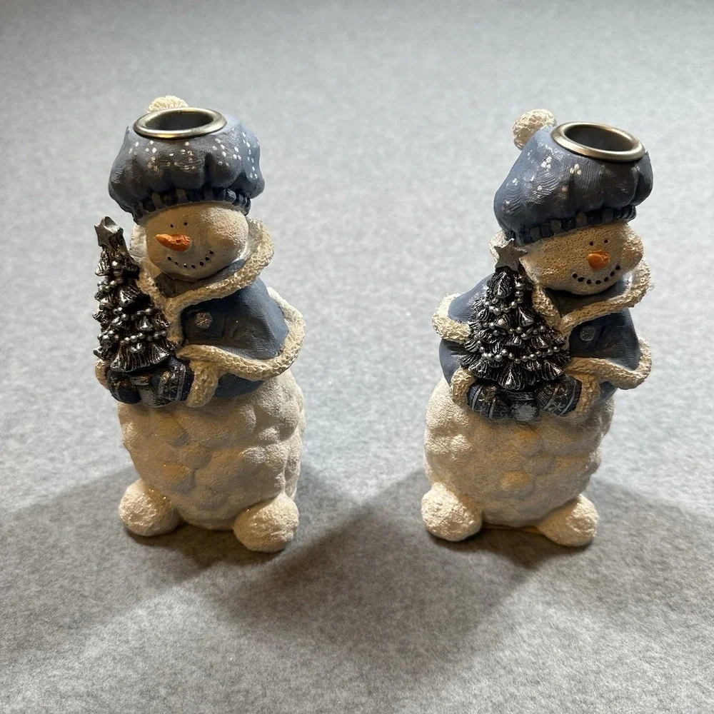 Snowman Taper Candle Holders Set Blue Winter Resin 2000 Christmas 7 In‎